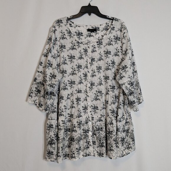 ELLOS White/Black Floral 3/4 Sleeve Cotton Button Front Boho Peasant Top Size 2X - Picture 1 of 7